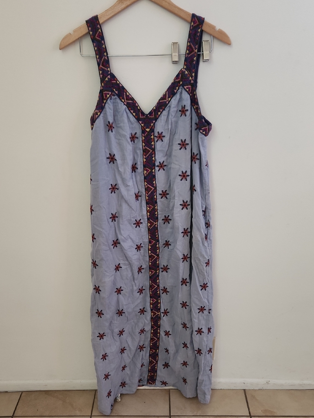 Sundance Light Blue Embroidered Maxi Dress with Pattern Trim Medium